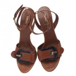 Pre Owned Fendi Brown Leather B Buckle Ankle Strap Sandals Size 38
