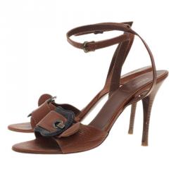 Pre Owned Fendi Brown Leather B Buckle Ankle Strap Sandals Size 38