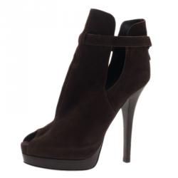 Pre Owned Fendi Brown Suede Peep Toe Platform Ankle Boots Size 38