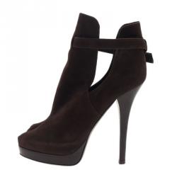 Pre Owned Fendi Brown Suede Peep Toe Platform Ankle Boots Size 38