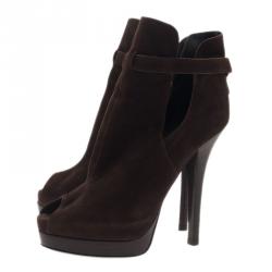 Pre Owned Fendi Brown Suede Peep Toe Platform Ankle Boots Size 38