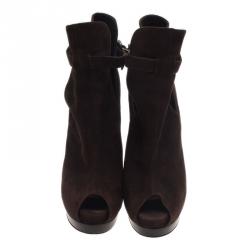 Pre Owned Fendi Brown Suede Peep Toe Platform Ankle Boots Size 38