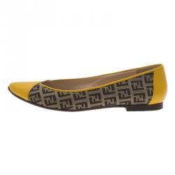 Pre Owned Fendi Brown and Yellow Zucchino Leather and Canvas Ballet Flats Size 36