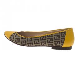 Pre Owned Fendi Brown and Yellow Zucchino Leather and Canvas Ballet Flats Size 36