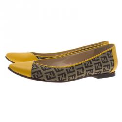 Pre Owned Fendi Brown and Yellow Zucchino Leather and Canvas Ballet Flats Size 36