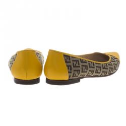 Pre Owned Fendi Brown and Yellow Zucchino Leather and Canvas Ballet Flats Size 36