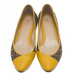 Pre Owned Fendi Brown and Yellow Zucchino Leather and Canvas Ballet Flats Size 36