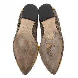 Pre Owned Fendi Brown and Yellow Zucchino Leather and Canvas Ballet Flats Size 36