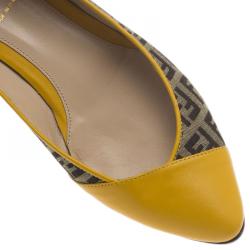 Pre Owned Fendi Brown and Yellow Zucchino Leather and Canvas Ballet Flats Size 36
