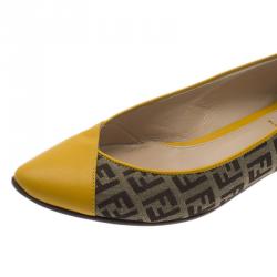 Pre Owned Fendi Brown and Yellow Zucchino Leather and Canvas Ballet Flats Size 36