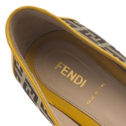 Pre Owned Fendi Brown and Yellow Zucchino Leather and Canvas Ballet Flats Size 36
