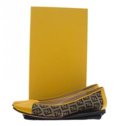 Pre Owned Fendi Brown and Yellow Zucchino Leather and Canvas Ballet Flats Size 36