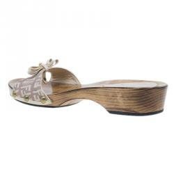 Pre Owned Fendi Zucchino Canvas Bow Wooden Slides Size 37.5