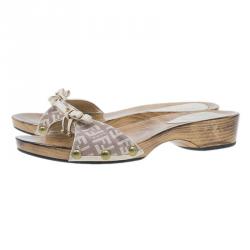 Pre Owned Fendi Zucchino Canvas Bow Wooden Slides Size 37.5