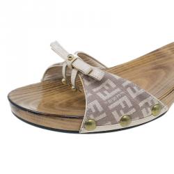 Pre Owned Fendi Zucchino Canvas Bow Wooden Slides Size 37.5