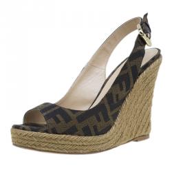 Fendi Brown Zucca Canvas Espadrille Slingback Wedges Size 35.5