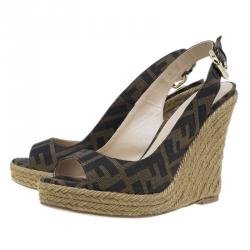 Pre Owned Fendi Brown Zucca Canvas Espadrille Slingback Wedges Size 35.5