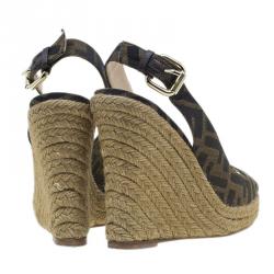 Pre Owned Fendi Brown Zucca Canvas Espadrille Slingback Wedges Size 35.5