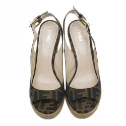 Pre Owned Fendi Brown Zucca Canvas Espadrille Slingback Wedges Size 35.5