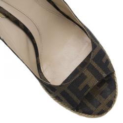 Pre Owned Fendi Brown Zucca Canvas Espadrille Slingback Wedges Size 35.5