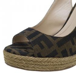 Pre Owned Fendi Brown Zucca Canvas Espadrille Slingback Wedges Size 35.5