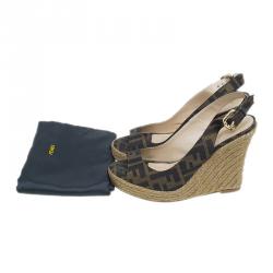 Pre Owned Fendi Brown Zucca Canvas Espadrille Slingback Wedges Size 35.5