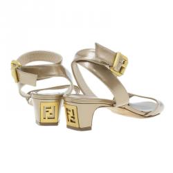 Pre Owned Fendi Gold Leather Ankle Wrap Sandals Size 38.5
