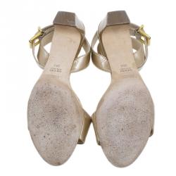 Pre Owned Fendi Gold Leather Ankle Wrap Sandals Size 38.5