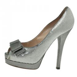 Pre Owned Fendi Two Tone Sequin Leather Bow Detail Peep Toe Platform Pumps Size 36