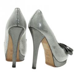 Pre Owned Fendi Two Tone Sequin Leather Bow Detail Peep Toe Platform Pumps Size 36