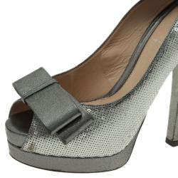 Pre Owned Fendi Two Tone Sequin Leather Bow Detail Peep Toe Platform Pumps Size 36