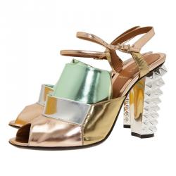 Pre Owned Fendi Runway Mirrored Leather Spike Heel Sandals Size 40 