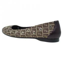 Pre Owned Fendi Brown Zucchino Canvas Grommet Detail Ballet Flats Size 38