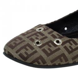 Pre Owned Fendi Brown Zucchino Canvas Grommet Detail Ballet Flats Size 38