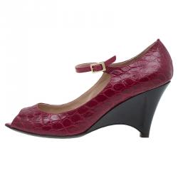 Pre Owned Fendi Red Croc Embossed Leather Peep Toe Wedges Size 40