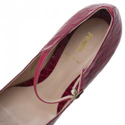 Pre Owned Fendi Red Croc Embossed Leather Peep Toe Wedges Size 40