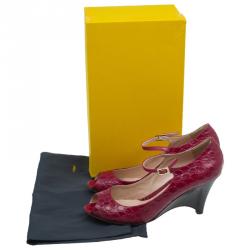 Pre Owned Fendi Red Croc Embossed Leather Peep Toe Wedges Size 40
