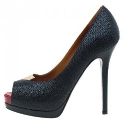 Pre Owned Fendi Tri Color Raffia and Snakeskin Embossed Fendista Peep Toe Platform Pumps Size 39