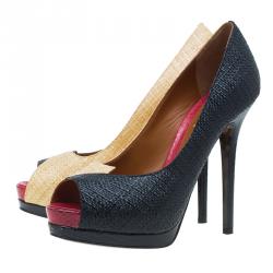 Pre Owned Fendi Tri Color Raffia and Snakeskin Embossed Fendista Peep Toe Platform Pumps Size 39