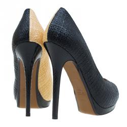 Pre Owned Fendi Tri Color Raffia and Snakeskin Embossed Fendista Peep Toe Platform Pumps Size 39