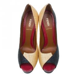 Pre Owned Fendi Tri Color Raffia and Snakeskin Embossed Fendista Peep Toe Platform Pumps Size 39
