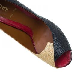 Pre Owned Fendi Tri Color Raffia and Snakeskin Embossed Fendista Peep Toe Platform Pumps Size 39