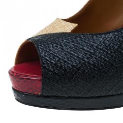 Pre Owned Fendi Tri Color Raffia and Snakeskin Embossed Fendista Peep Toe Platform Pumps Size 39
