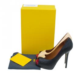 Pre Owned Fendi Tri Color Raffia and Snakeskin Embossed Fendista Peep Toe Platform Pumps Size 39