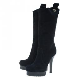 Pre Owned Fendi Black Suede Midcalf Boots Size 37.5
