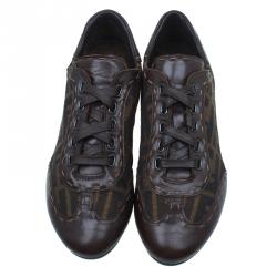 Pre Owned Fendi Tobacco Zucca Canvas and Leather Sneakers Size 36