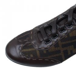 Pre Owned Fendi Tobacco Zucca Canvas and Leather Sneakers Size 36