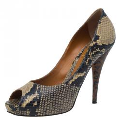 Pre Owned Fendi Brown Python Peep Toe Platform Pumps Size 39