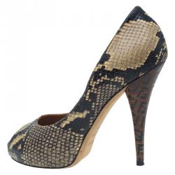 Pre Owned Fendi Brown Python Peep Toe Platform Pumps Size 39