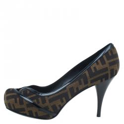Pre Owned Fendi Tobacco Zucca Canvas and Leather Cutout Almond Toe Platform Pumps Size 37